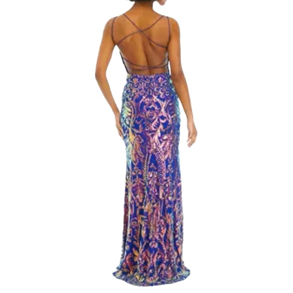 B. Darlin Square Neck Strappy Back Long Gown Iridescent Sequins NWT - Picture 4 of 17